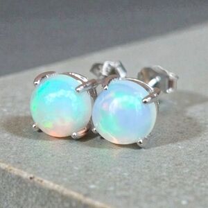 925 Sterling Opal  Stud Earrings - White Opalescent